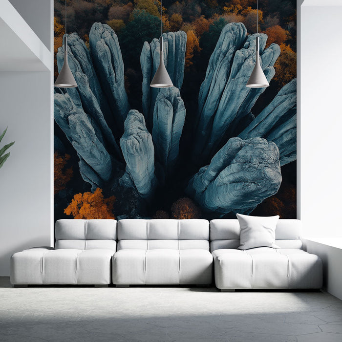 Tapeta s přírodními krajinami | Majestátní skalní útvary obklopené stromy v podzimních barvách