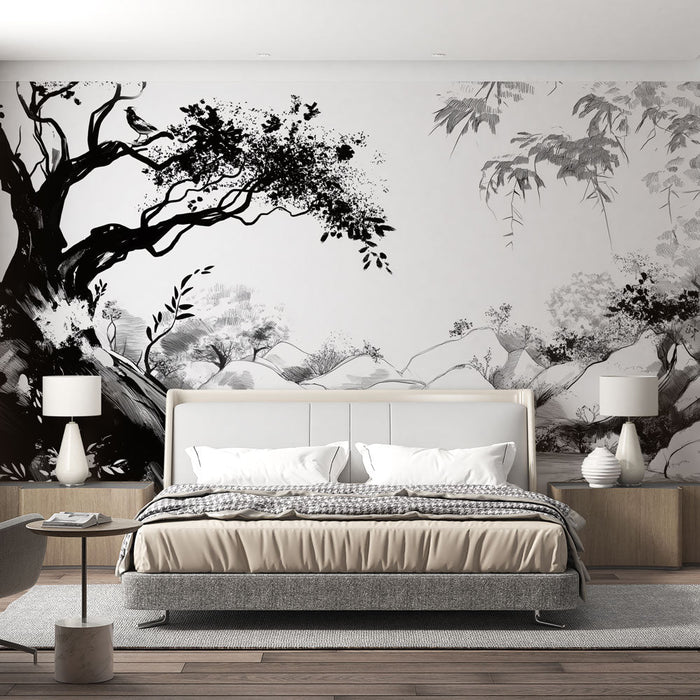 Papel de parede paisagens náuticas | Cena tranquila de um rio cercado por árvores e rochas