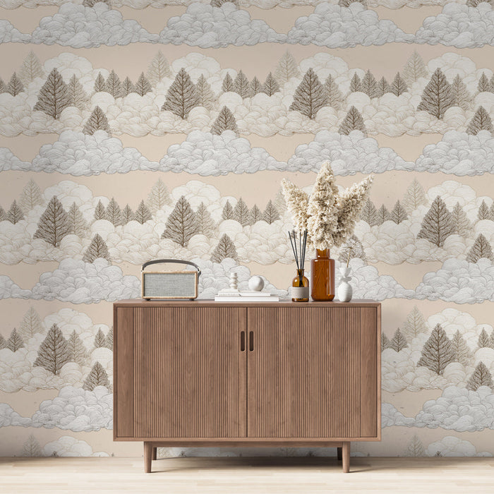Fototapeet pilviste maastikega | Pilve- ja puumuster beežil taustal
