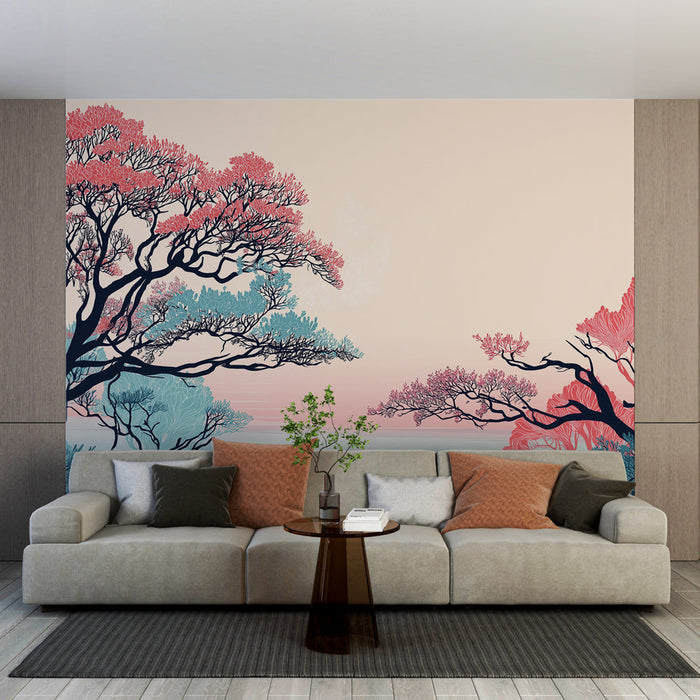 Fototapet drømmeagtige landskaber | Stiliserede træer i pastelfarver og beroligende baggrund