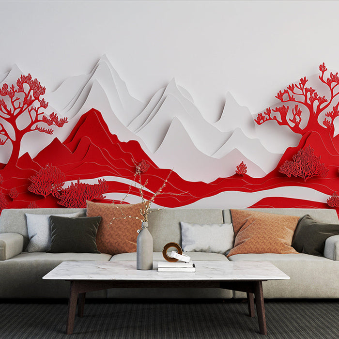 Muraaltapeet stiliseeritud maastikud | Punased mäed ja puud valgel taustal