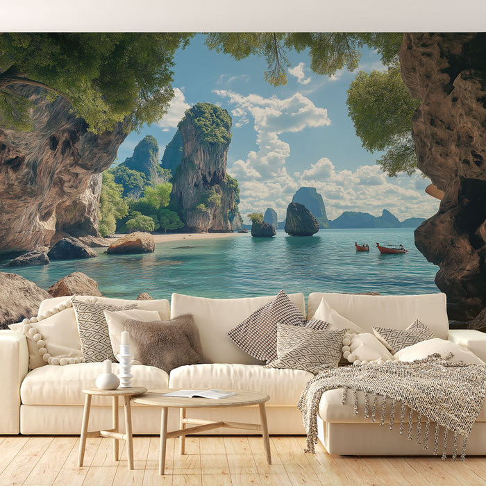 Ταπετσαρία τοιχογραφίας Τοπία της Ταϊλάνδης | Ειρηνική παραλία και μεγαλοπρεπείς σχηματισμοί βράχων