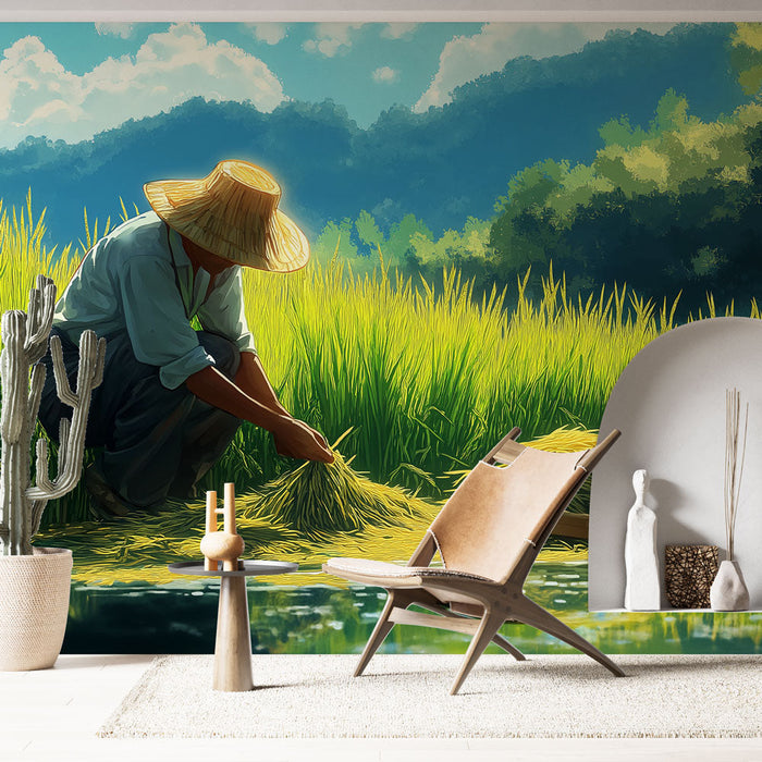 Tapet Țărănesc | Recolta de orez sub un cer albastru strălucitor