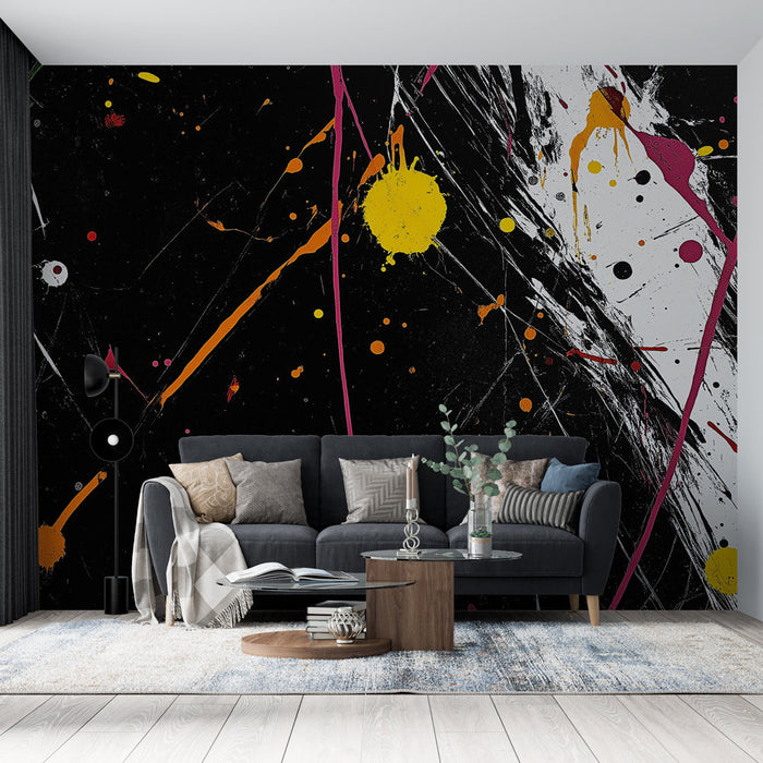 Mural Wallpaper abstract painting | Black background and colorful touches