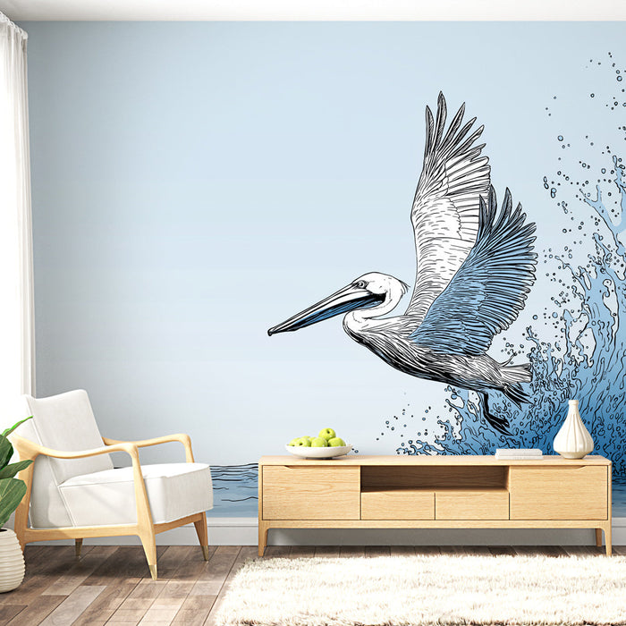 Fototapet pelikan | Občutljiva ilustracija pelikana, ki leti nad valovi