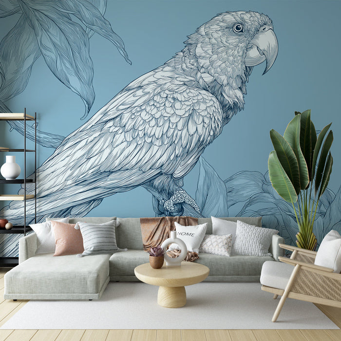 Fototapet papiga | Nežna ilustracija papige na modrem ozadju