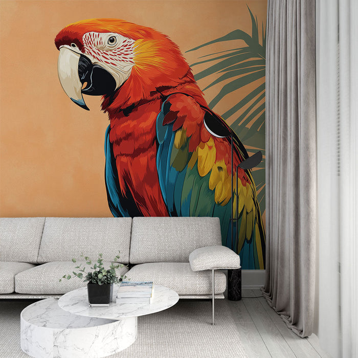 Tapete papagei | Lebendige Illustration eines Papageis mit leuchtenden Farben auf einem orangefarbenen Hintergrund