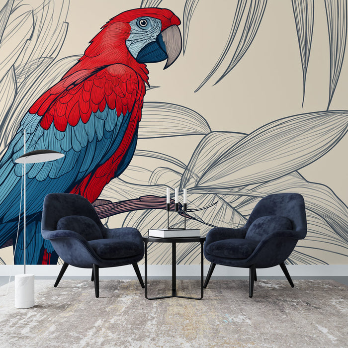 Tapéta perroquet | Illustre un perroquet coloré entouré de feuilles délicates