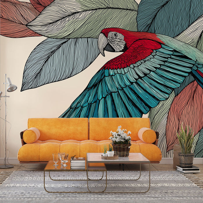 Fototapet perroquet | Prelep pisani papagaj obkrožen z velikimi podrobnimi listi