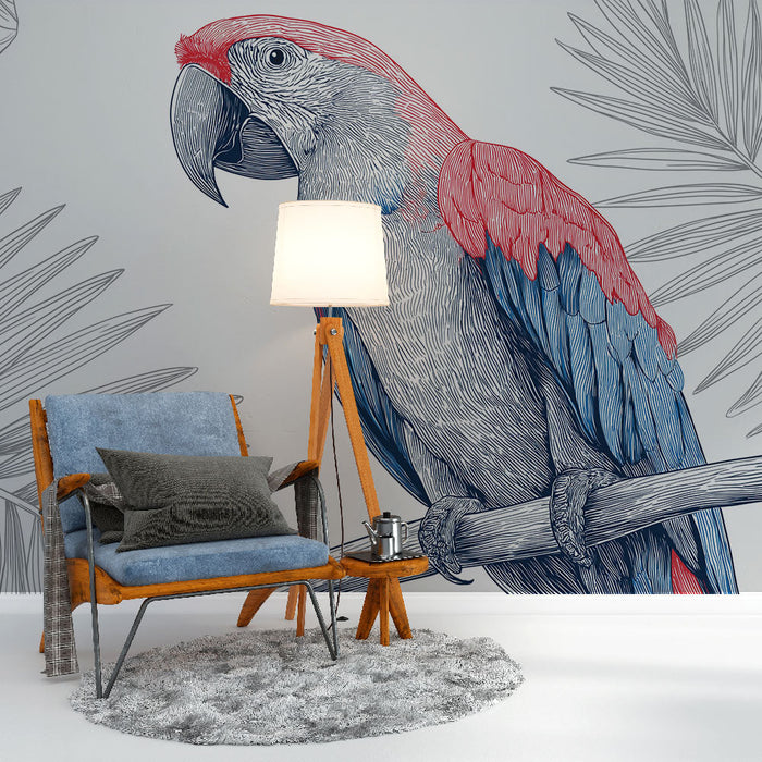 Mural Wallpaper parrot | Artistic pattern of a colorful parrot on a white background