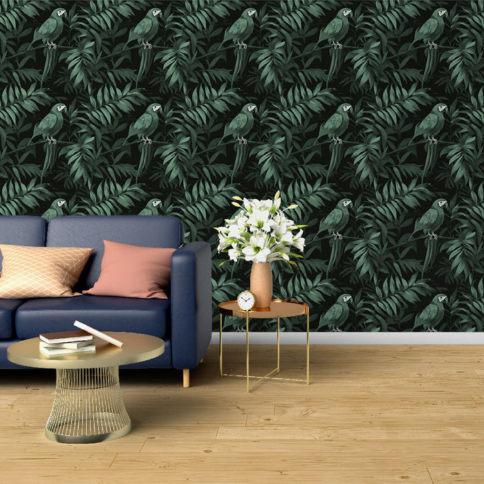 Fotótapé papagáj | Zöld papagáj minta fekete háttérrel és dús lombkoronával