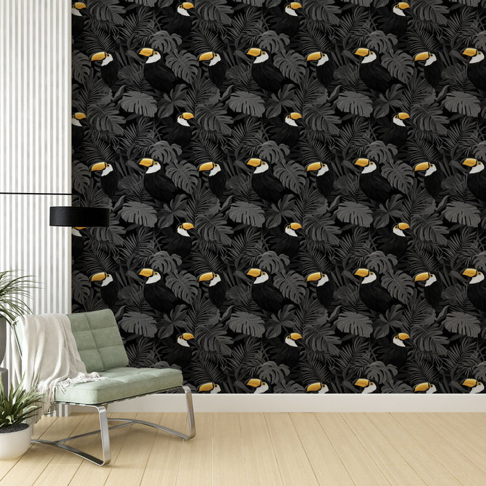 Tapete perroquet | Tropiko motibo me psittakous se mavro fonó