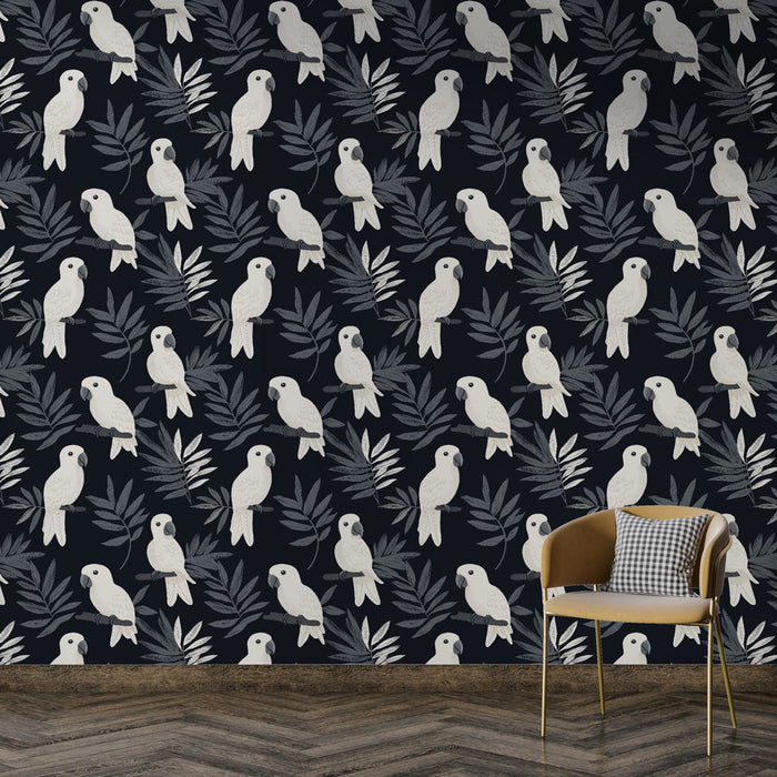Tapete perroquet | Perroquets blancs sur fond noir avec feuillage délicat