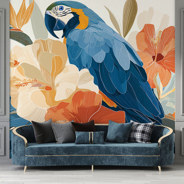 Mural Wallpaper tropical parrot | A colorful parrot surrounded by exotic flowers