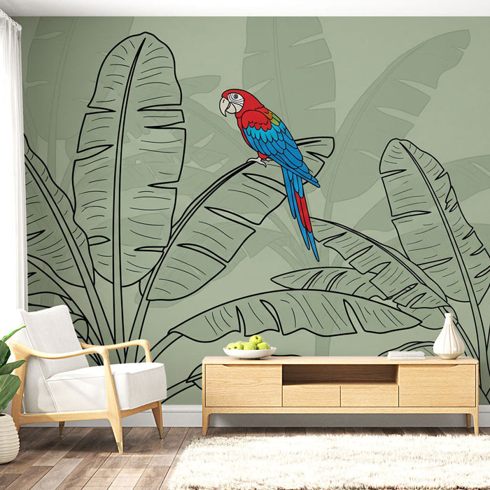 Tapeta perroquet | Barviti orel, ki sedi med velikimi tropskimi listi