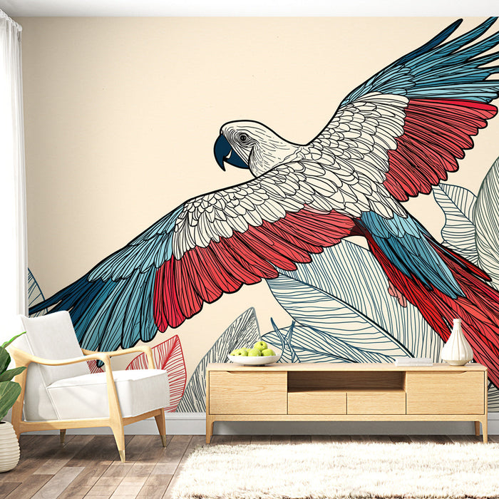 Fototapet papağan | Zarif yapraklarla çevrili muhteşem renkli bir papağan