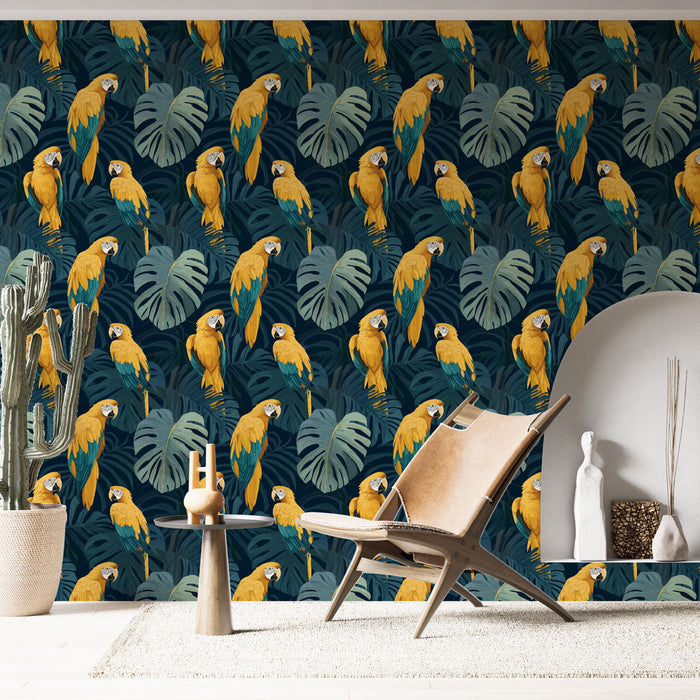 Fotótapéta perroquet | Egy színes sárga papagáj minta a trópusi levelek között