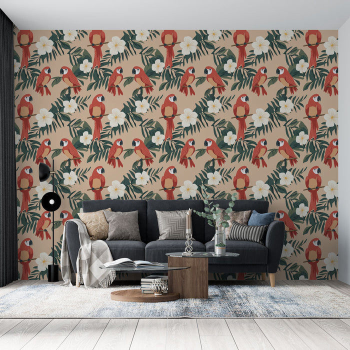 Carta da parati perroquet | Un motivo vibrante con pappagalli rossi e fiori esotici