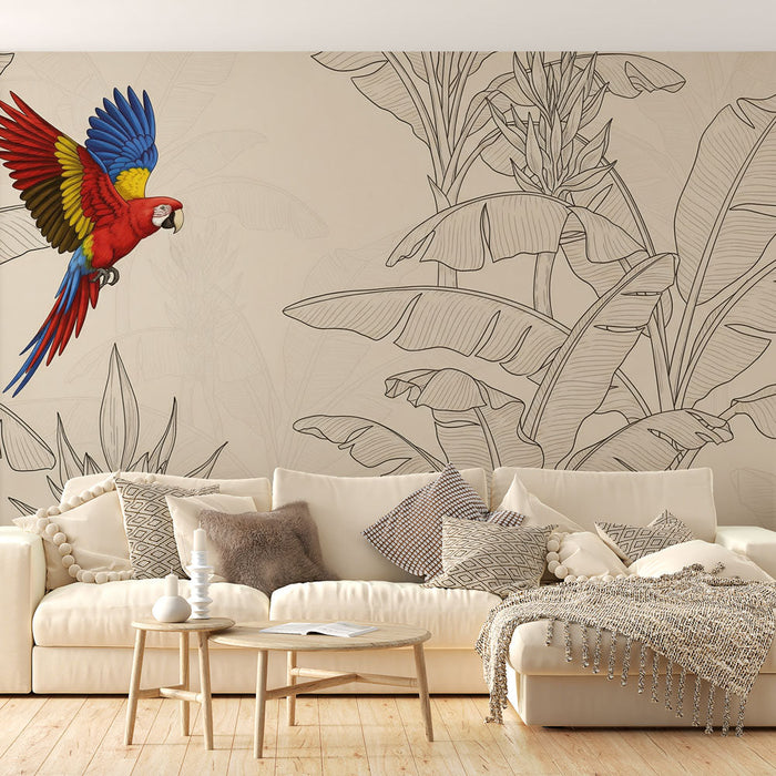 Fototapet papegøje | En farverig papegøje på baggrund af stiliserede blade