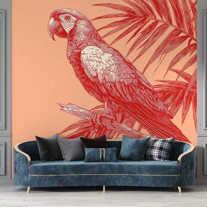 Papel de parede perroquet | Um papagaio estilizado empoleirado em um galho entre folhas tropicais