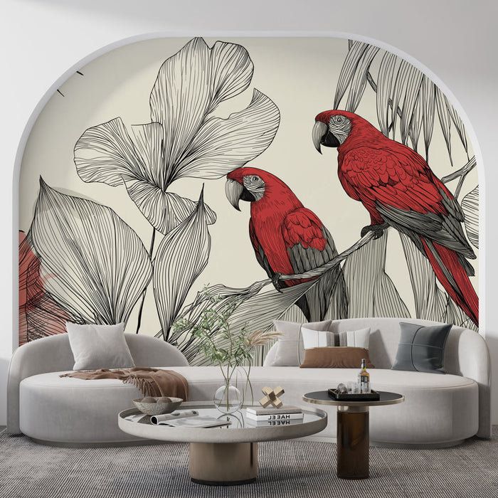 Carta da parati pappagalli e fogliame | Pappagalli rossi su sfondo in feltro