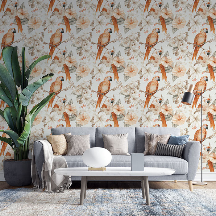 Papel de parede de papagaios e flores | Padrão encantador de papagaios coloridos empoleirados entre flores tropicais
