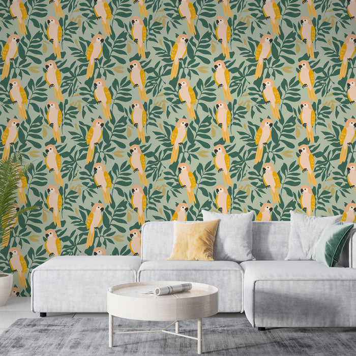 Tapete perroquets | Farbenfrohes Motiv von Papageien auf einem blättrigen Hintergrund