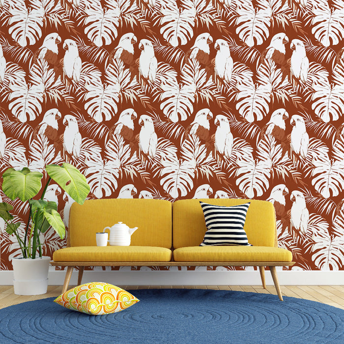 Fototapet papegøyer | Mønster av hvite papegøyer blant frodige løvverk