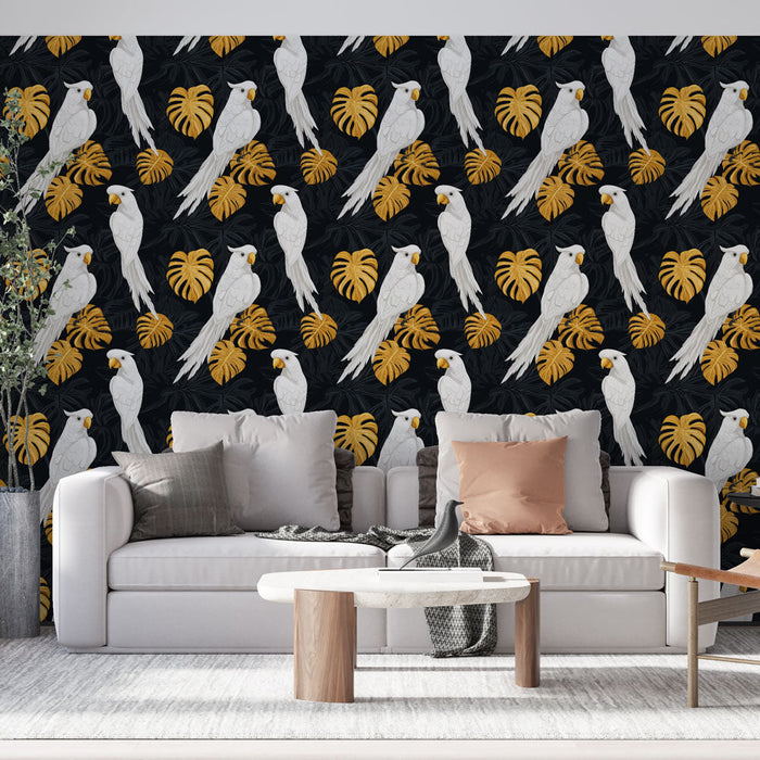 Mural Wallpaper parrots | Pattern of white parrots among golden and black leaves