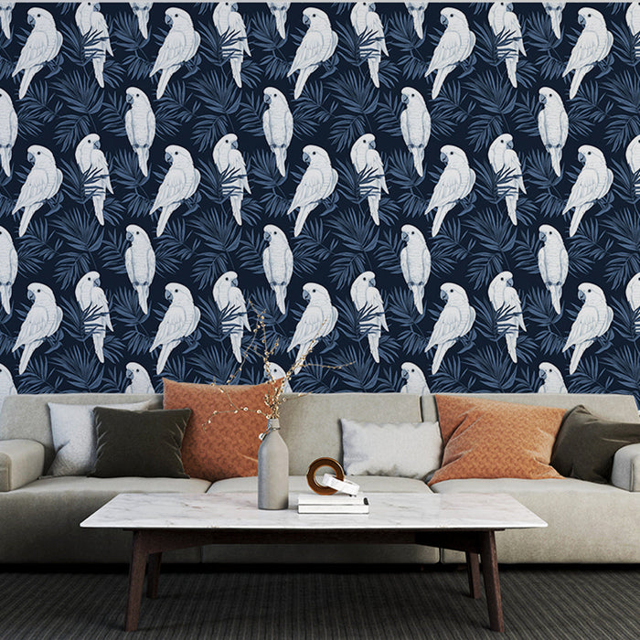 Fototapet papige | Vzorec belih papig na temno modrem ozadju