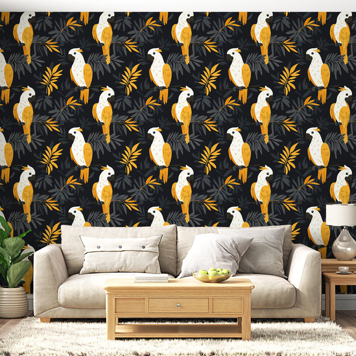 Tapeta z papugami | Zabawny motyw kolorowych papug na ciemnym tle