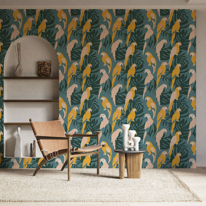 Fototapet perroquets | Levende motiv av fargerike papegøyer på en tropisk bakgrunn