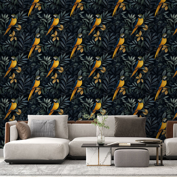 Fototapet papegøyer | Levende motiv av papegøyer og tropisk løvverk