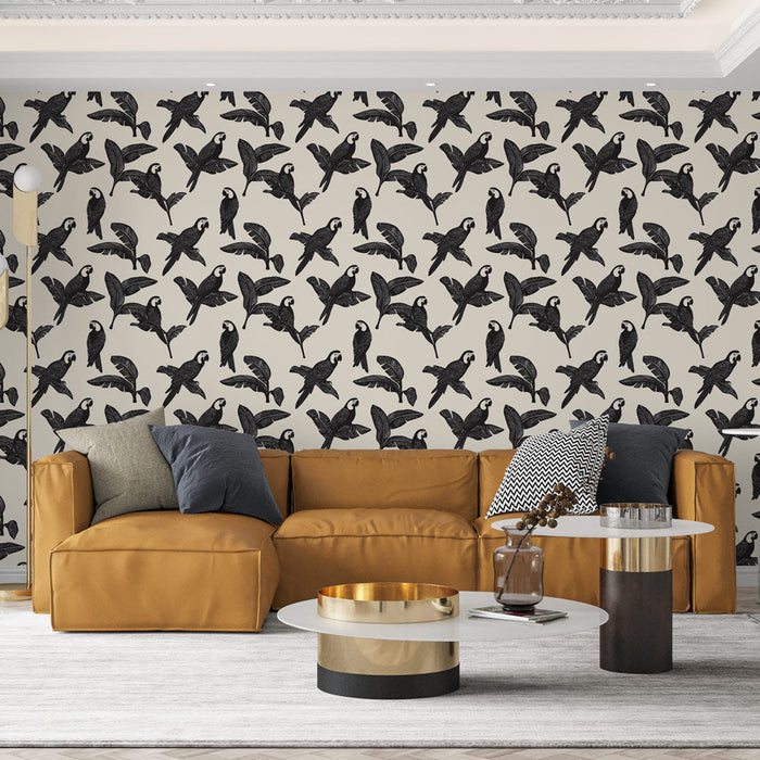Mural Wallpaper parrots | Parrot patterns in black and white surrounded by leaves