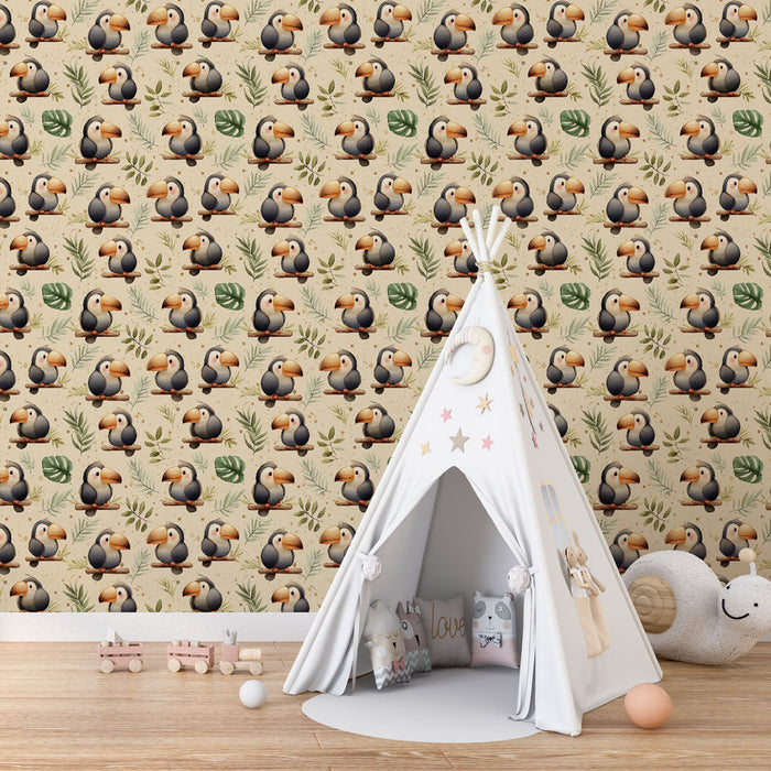 Tapeta z papugami | Zabawne wzory papug otoczone liśćmi