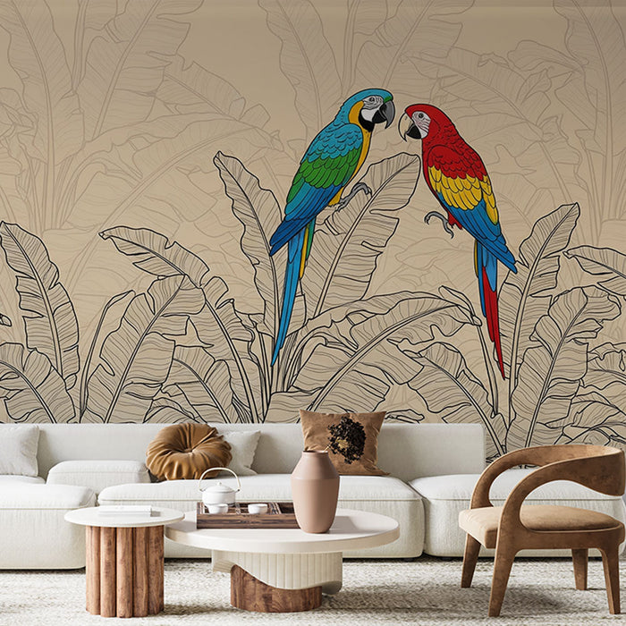 Fototapet papegojor | Färgglada papegojor som står bland tropiska löv