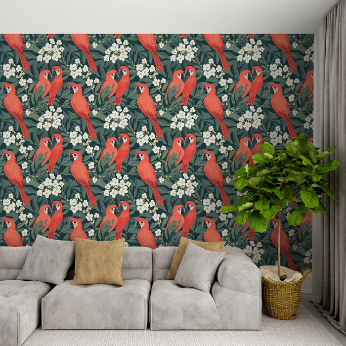 Tapeta s papoušky | Červení papoušci a bílé květy