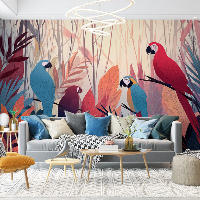 Fototapet papige | Očarljiv vzorec pisanih papig med bujnim listjem