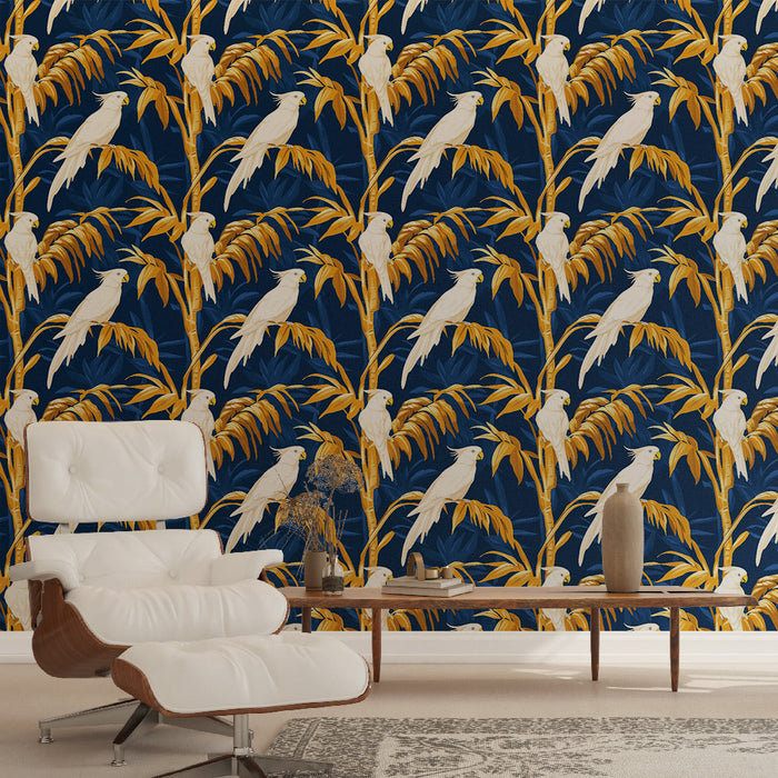 Papel de parede perroquets | Um padrão tropical com papagaios brancos em um fundo azul-marinho