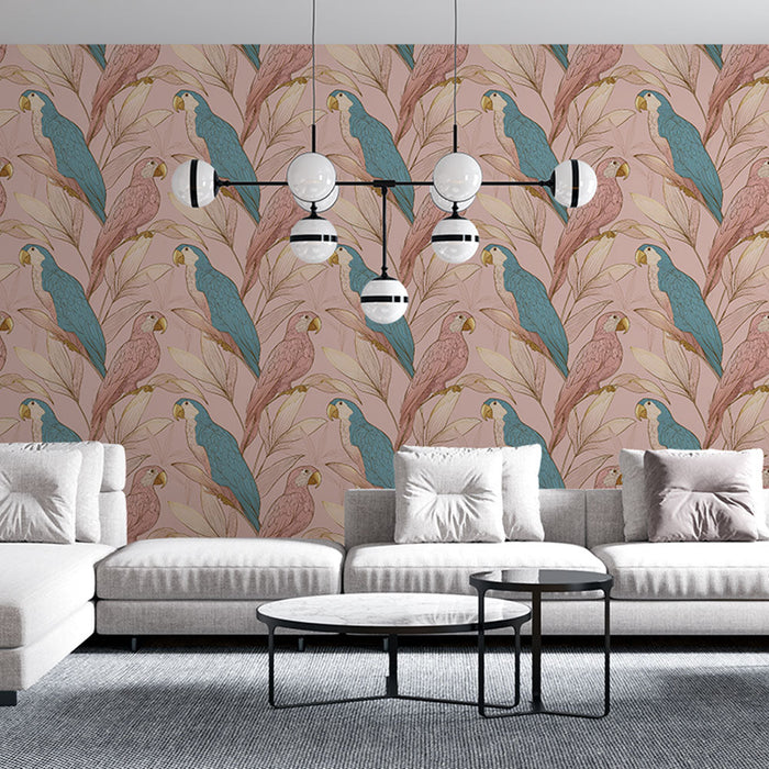 Tapeta z papugami | Żywy motyw kolorowych papug otoczony delikatnymi liśćmi