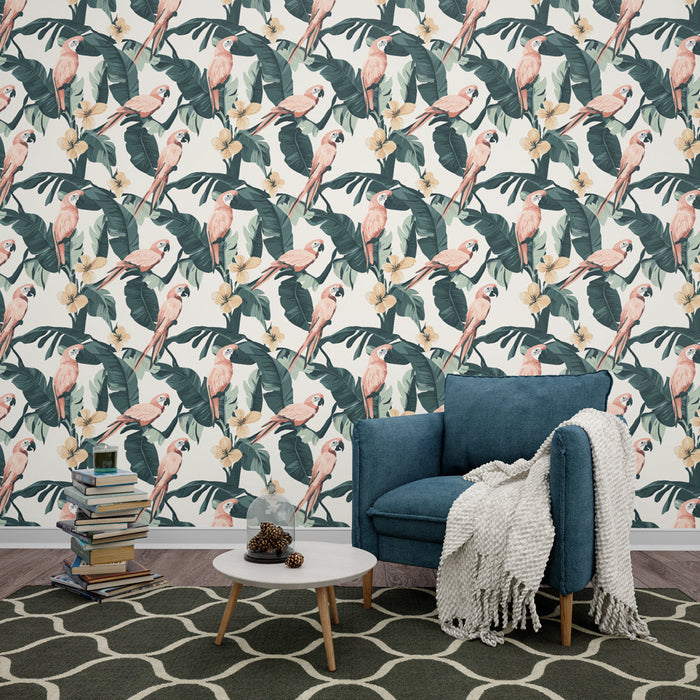 Fototapet perroquets | Et levende mønster av rosa papegøyer og tropisk løvverk