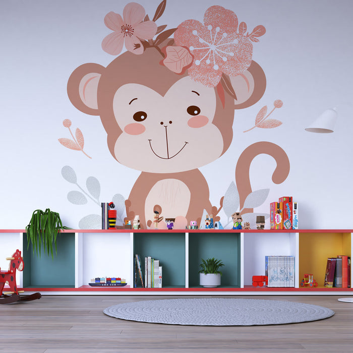 Falfestmény tapéta kis virágos majom | Pasztell színek