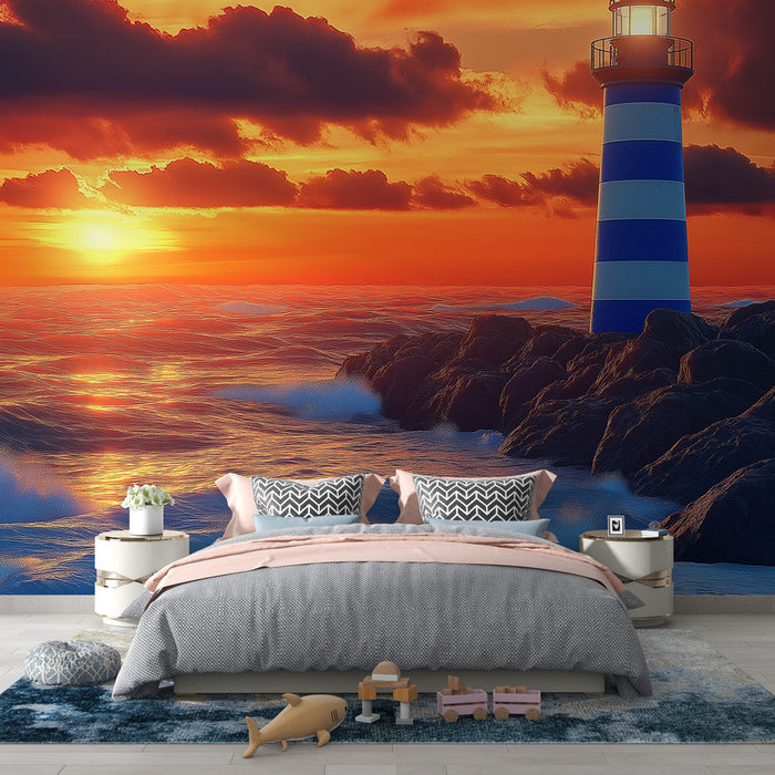 Papel de parede farol ao pôr do sol | Farol listrado azul e branco iluminado ao anoitecer