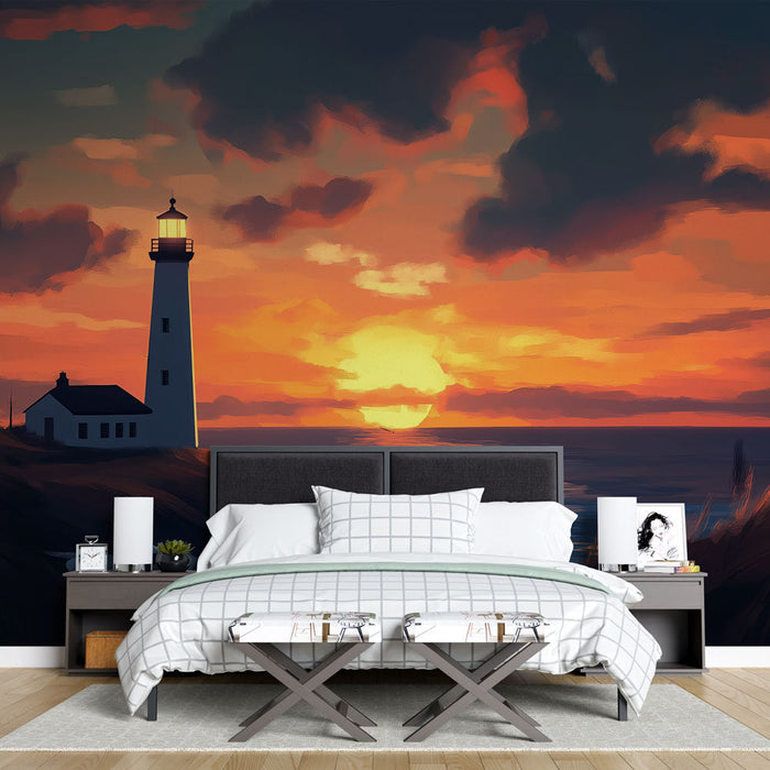 Papel pintado faro al atardecer | Un faro iluminado durante un magnífico atardecer sobre el mar