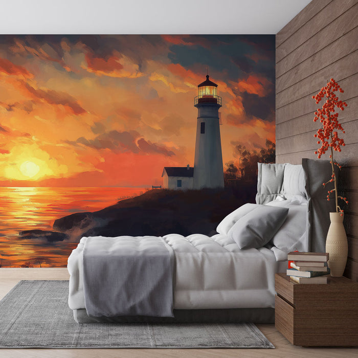 Fener Resimli Duvar Kağıdı | Sakin bir denizi aydınlatan bir fenerin romantik sahnesi, alevlenen bir gökyüzü altında.