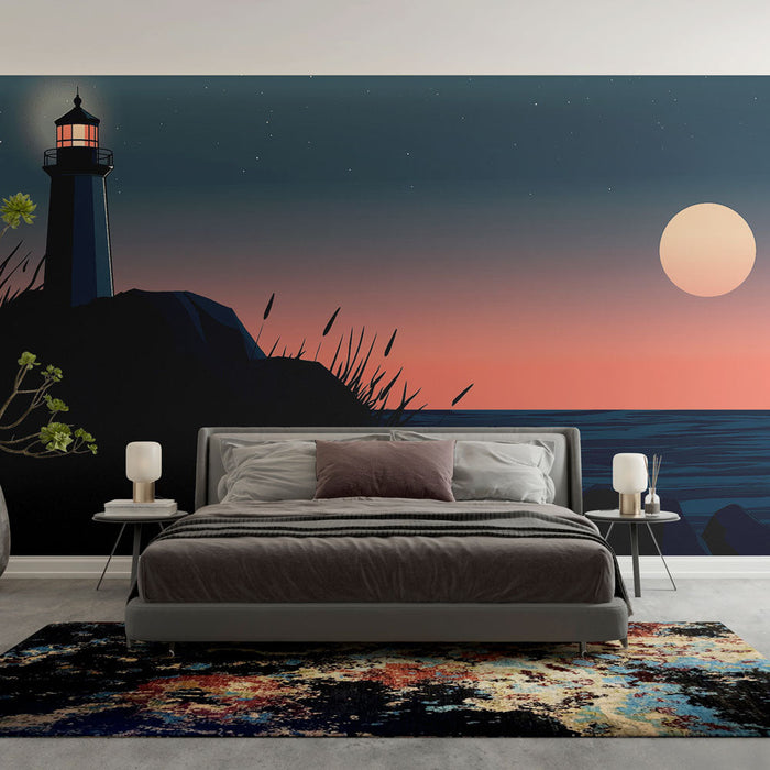 Fototapet fyrtårn i skumringen | Et fyrtårn opplyst på kysten under en stjernehimmel
