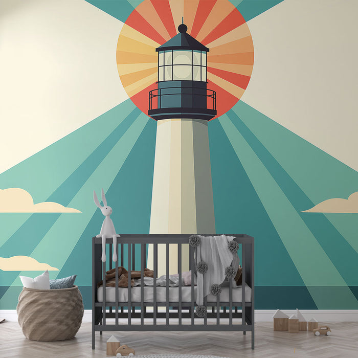 Mural Wallpaper colorful lighthouse | Retro design of a lighthouse with a stylized sunset