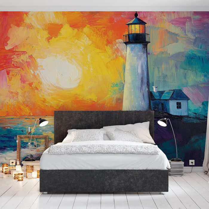 Mural Wallpaper colorful lighthouse | Vibrant lighting by the sea