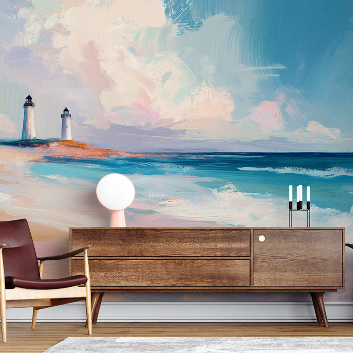 Tapete φωτογραφικού τοιχοποιίας φάρου ακτής | Ένας καταπραϋντικός παράκτιος τοπίο με φάρους σε μια ήπια ακτή