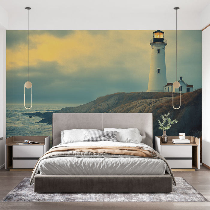 Fototapet fyrtårn | En beroligende maritim scene med et opplyst hvitt fyrtårn
